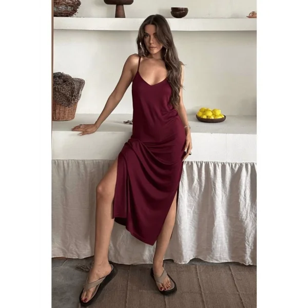 Kadın Siyah Asansör Askılı Çift Yırtmaçlı Helen Elbise