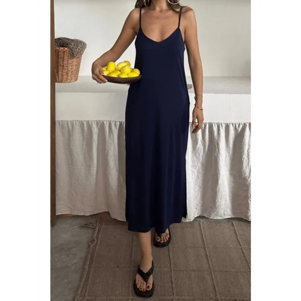 Kadın Siyah Asansör Askılı Çift Yırtmaçlı Helen Elbise