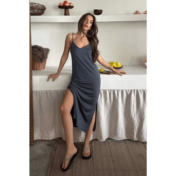 Kadın Siyah Asansör Askılı Çift Yırtmaçlı Helen Elbise