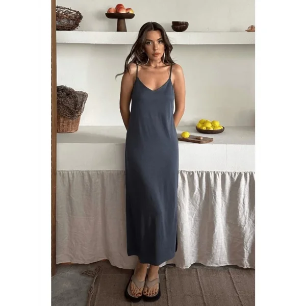 Kadın Siyah Asansör Askılı Çift Yırtmaçlı Helen Elbise