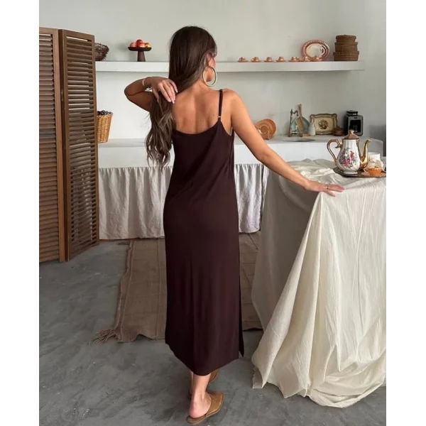 Kadın Siyah Asansör Askılı Çift Yırtmaçlı Helen Elbise