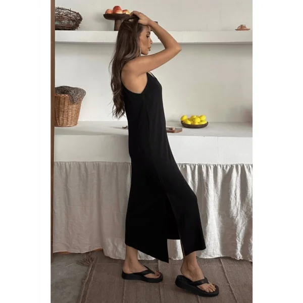 Kadın Siyah Asansör Askılı Çift Yırtmaçlı Helen Elbise