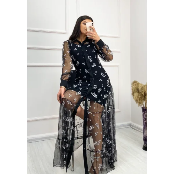 Kadın Siyah Astarı Sandy Dışı Tül çiçek Desenli Elbise