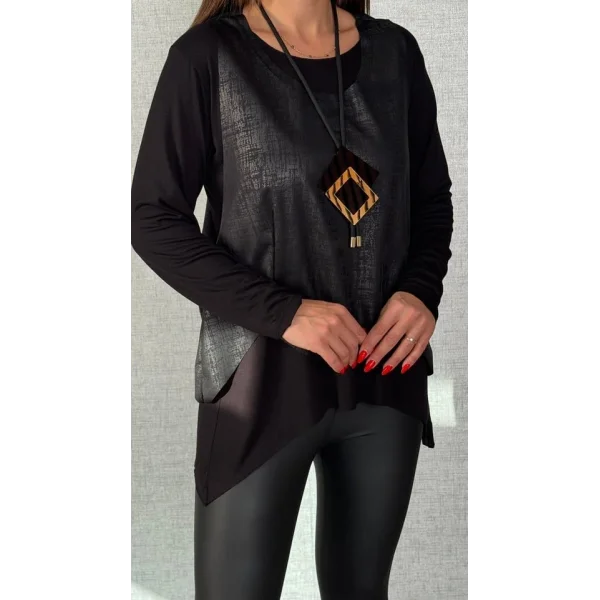 Kadın Siyah Deri Yelekli Kolye Dahil üçlü Takım