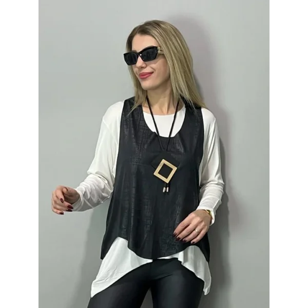 Kadın Siyah Deri Yelekli Kolye Dahil üçlü Takım