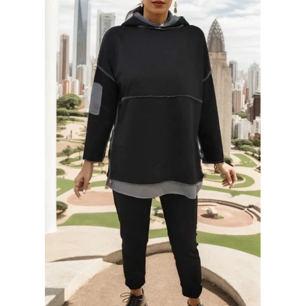 Kadın Siyah Kapşonlu Etek Ucu Detay Arma Ters Dikiş Gorunumlu Ikili Takım