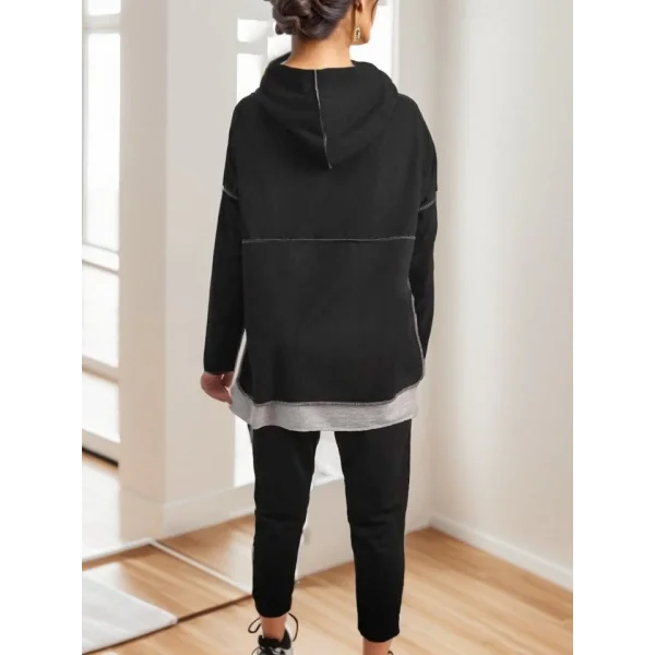 Kadın Siyah Kapşonlu Etek Ucu Detay Arma Ters Dikiş Gorunumlu Ikili Takım