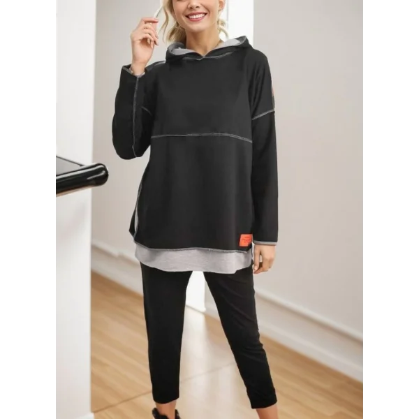 Kadın Siyah Kapşonlu Etek Ucu Detay Arma Ters Dikiş Gorunumlu Ikili Takım