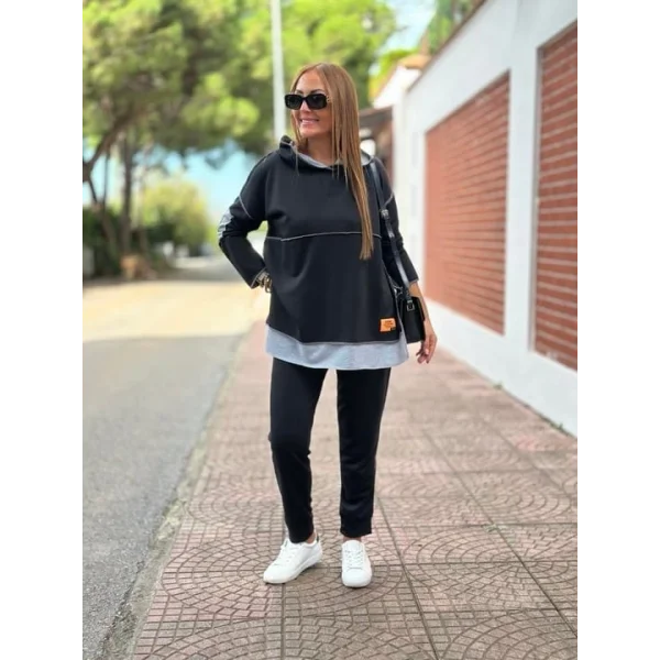 Kadın Siyah Kapşonlu Etek Ucu Detay Arma Ters Dikiş Gorunumlu Ikili Takım