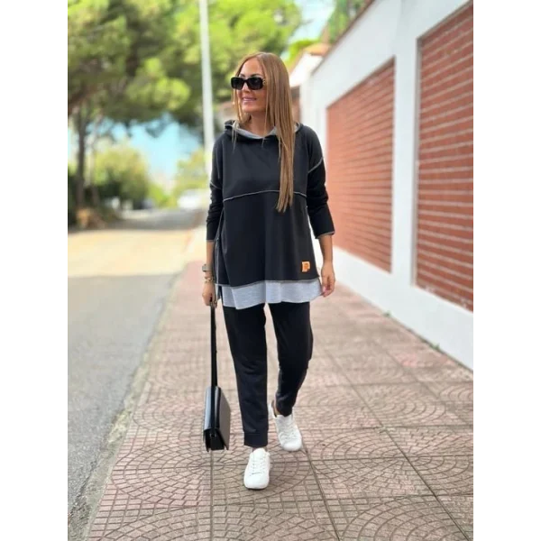 Kadın Siyah Kapşonlu Etek Ucu Detay Arma Ters Dikiş Gorunumlu Ikili Takım