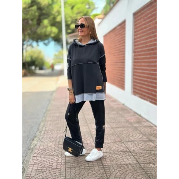 Kadın Siyah Kapşonlu Etek Ucu Detay Arma Ters Dikiş Gorunumlu Ikili Takım