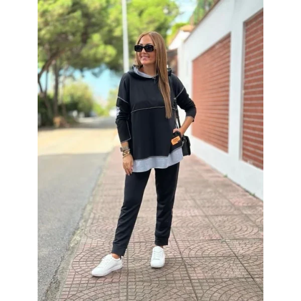 Kadın Siyah Kapşonlu Etek Ucu Detay Arma Ters Dikiş Gorunumlu Ikili Takım