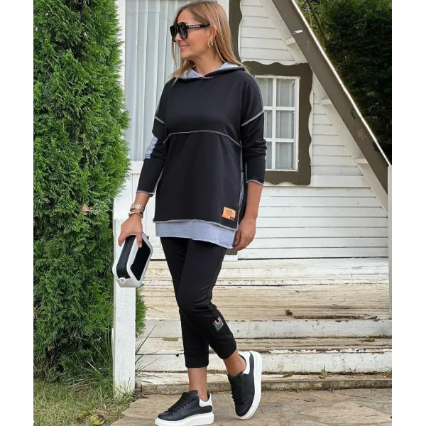 Kadın Siyah Kapşonlu Etek Ucu Detay Arma Ters Dikiş Gorunumlu Ikili Takım