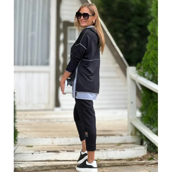 Kadın Siyah Kapşonlu Etek Ucu Detay Arma Ters Dikiş Gorunumlu Ikili Takım