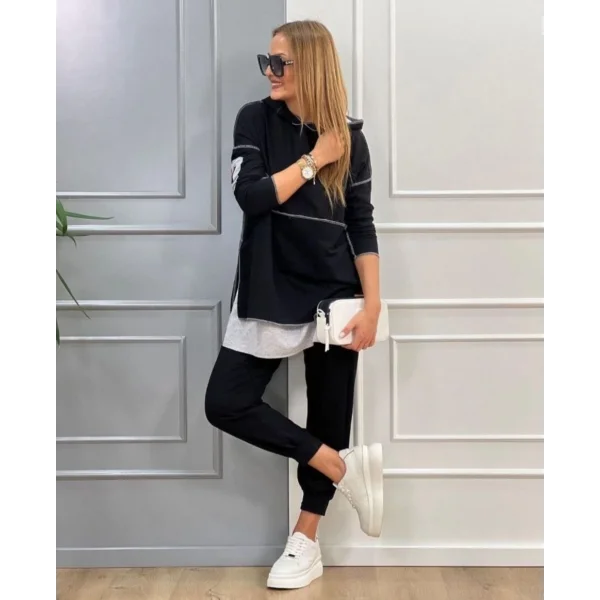 Kadın Siyah Kapşonlu Etek Ucu Detay Arma Ters Dikiş Gorunumlu Ikili Takım