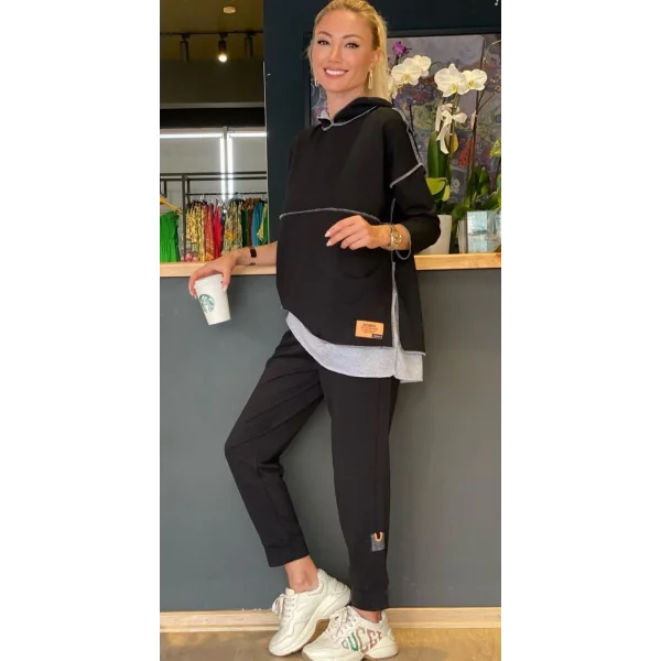 Kadın Siyah Kapşonlu Etek Ucu Detay Arma Ters Dikiş Gorunumlu Ikili Takım