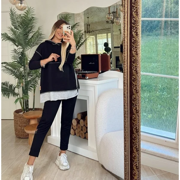 Kadın Siyah Kapşonlu Etek Ucu Detay Arma Ters Dikiş Gorunumlu Ikili Takım