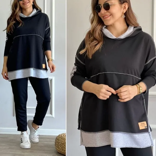 Kadın Siyah Kapşonlu Etek Ucu Detay Arma Ters Dikiş Gorunumlu Ikili Takım