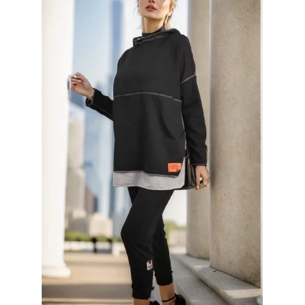 Kadın Siyah Kapşonlu Etek Ucu Detay Arma Ters Dikiş Gorunumlu Ikili Takım