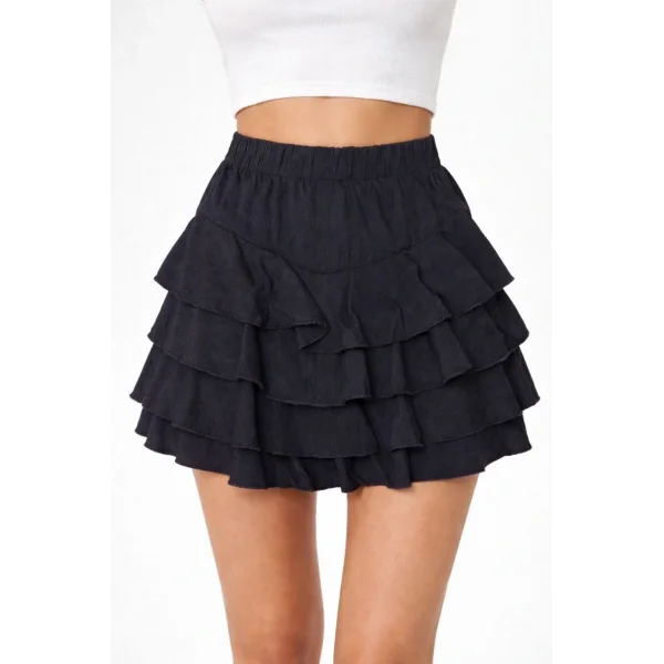Kadın Siyah Katlı Mini Fırfıtlı Etek Lastikli Yüksel Bel, Volanlı Tasarım, Rahat Kalıp, Günlük ve Şık Kombinelere Uygun Yazlık Etek - Siyah