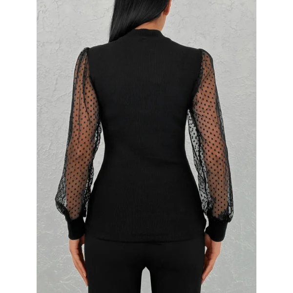 Kadın Siyah Kolu Tül Detaylı Yarım Balıkçı Kaşkorse Bluz 6160