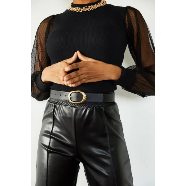 Kadın Siyah Kolu Tül Detaylı Yarım Balıkçı Kaşkorse Bluz 6160