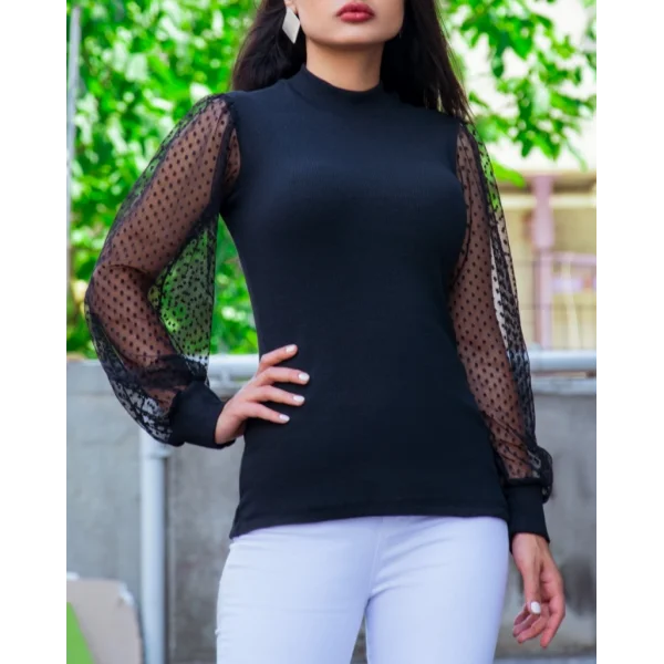 Kadın Siyah Kolu Tül Detaylı Yarım Balıkçı Kaşkorse Bluz 6160