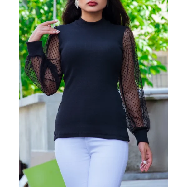 Kadın Siyah Kolu Tül Detaylı Yarım Balıkçı Kaşkorse Bluz 6160