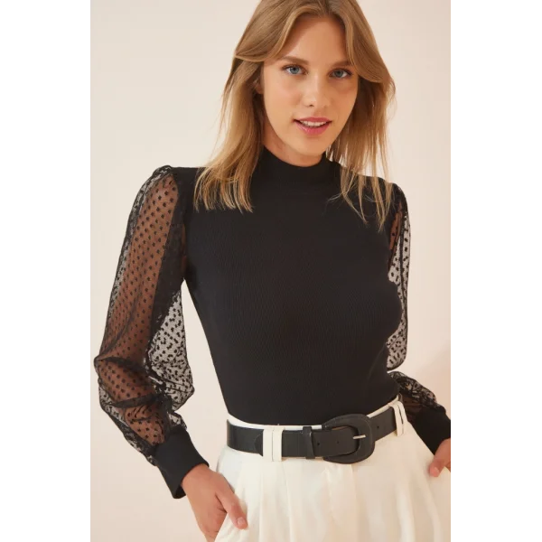 Kadın Siyah Kolu Tül Detaylı Yarım Balıkçı Kaşkorse Bluz 6160