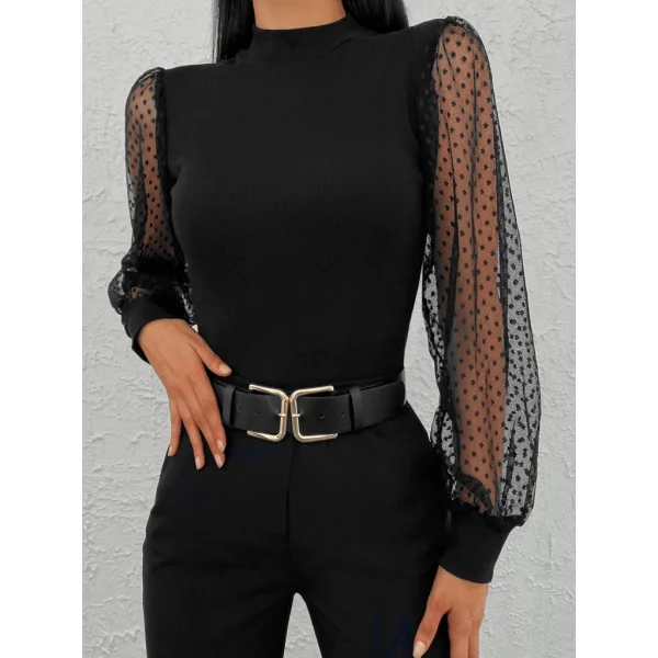 Kadın Siyah Kolu Tül Detaylı Yarım Balıkçı Kaşkorse Bluz 6160