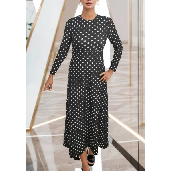 Kadın Siyah Tam Boy Beyaz Puantiyeli Elbise