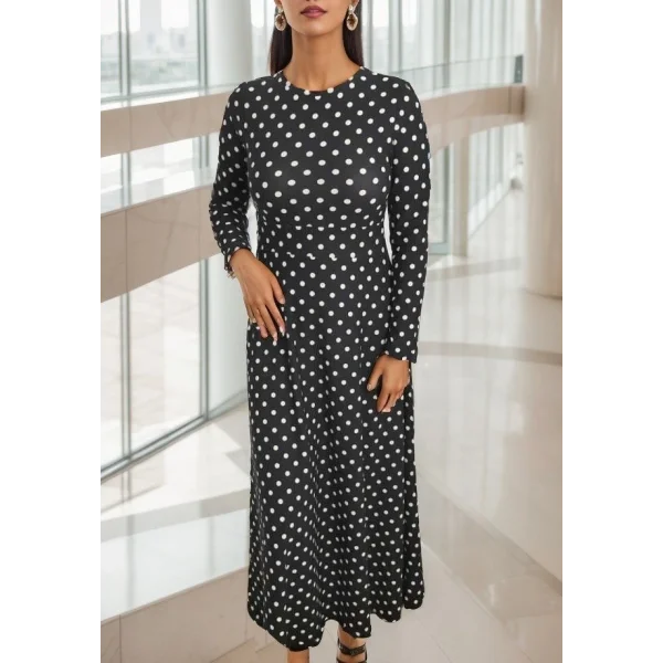 Kadın Siyah Tam Boy Beyaz Puantiyeli Elbise