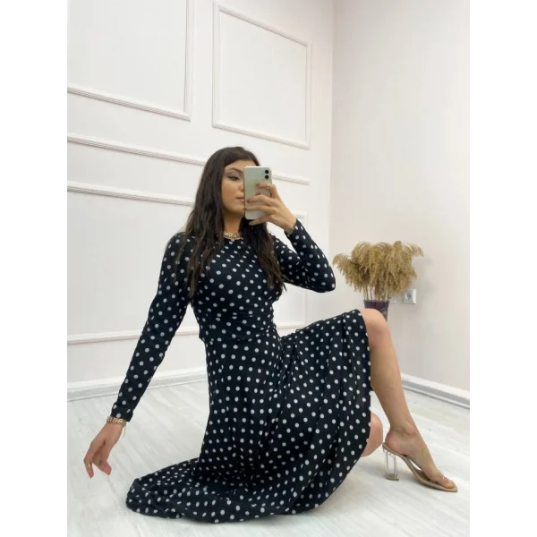 Kadın Siyah Tam Boy Beyaz Puantiyeli Elbise