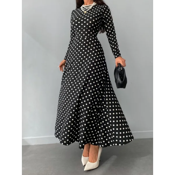Kadın Siyah Tam Boy Beyaz Puantiyeli Elbise