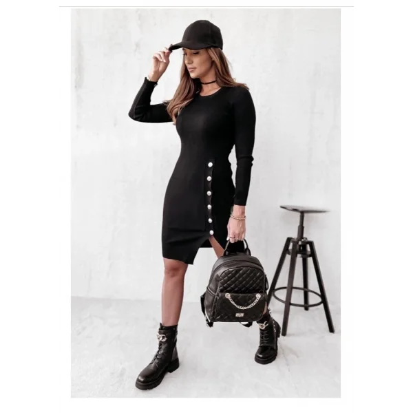 Kadın Siyah Uzun Kollu Bisiklet Yaka Yan Yırtmaç Düğme Detay Kısa Kaşkorse Elbise