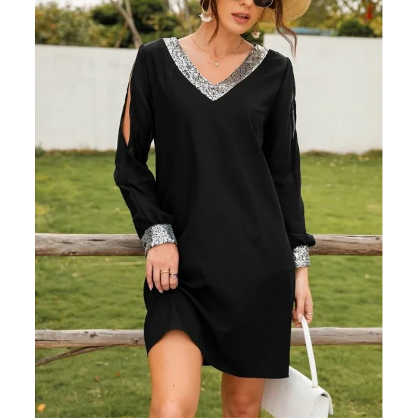 Kadın Siyah Uzun Kollu Kollar Tül Yırtmaçlı V Yakalı Kısa Krep Elbise