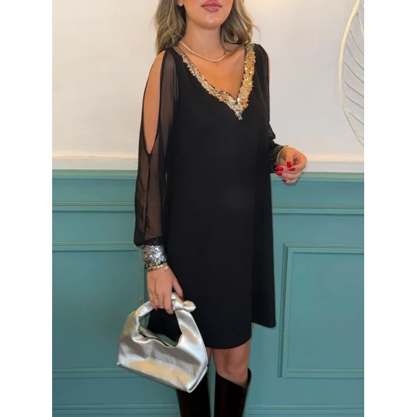 Kadın Siyah Uzun Kollu Kollar Tül Yırtmaçlı V Yakalı Kısa Krep Elbise