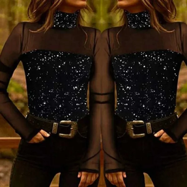 Kadın Siyah Uzun Kollu Kolları Ve Dekolte Tül Ve Payet Detay Balıkçı Yaka Bluz