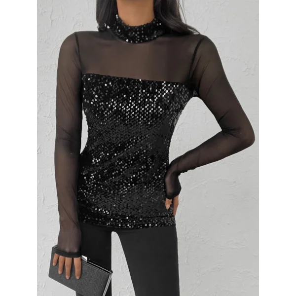 Kadın Siyah Uzun Kollu Kolları Ve Dekolte Tül Ve Payet Detay Balıkçı Yaka Bluz