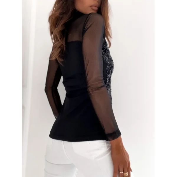 Kadın Siyah Uzun Kollu Kolları Ve Dekolte Tül Ve Payet Detay Balıkçı Yaka Bluz