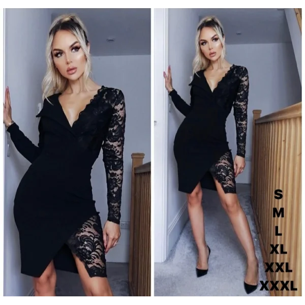 Kadın Siyah Uzun Kollu Tek Kolu Dantel Detay V Yakalı Yırtmaçlı Dalgıç Elbise