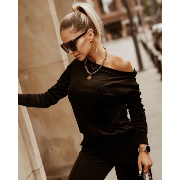 Kadın Siyah Uzun Kollu Tek Omuzu Açık Kadifetakım