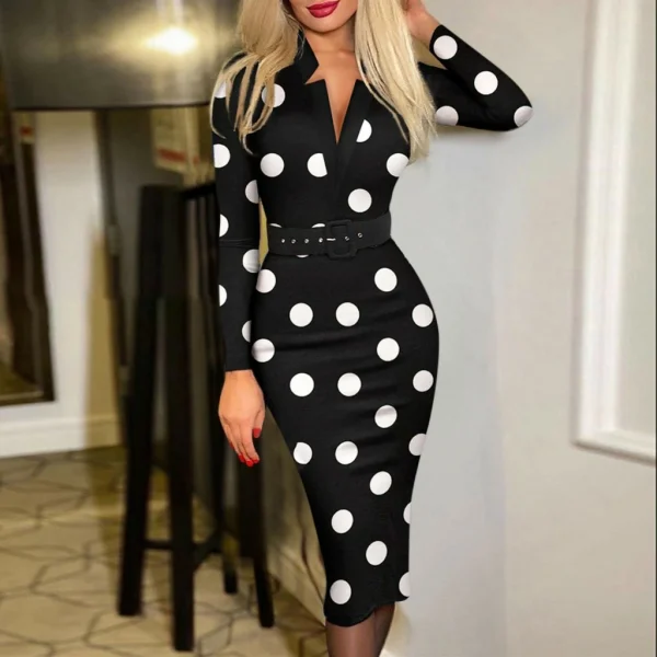 Kadın Siyah Uzun Kollu V Yakalı Puantiyeli Midi Dalgıç Elbise