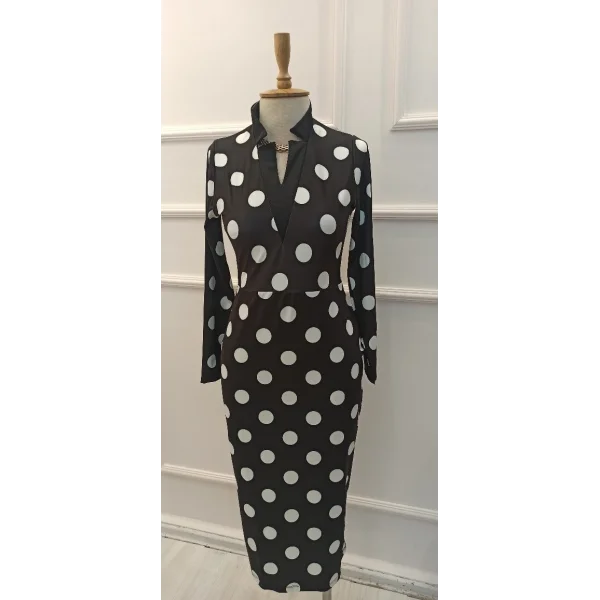 Kadın Siyah Uzun Kollu V Yakalı Puantiyeli Midi Dalgıç Elbise