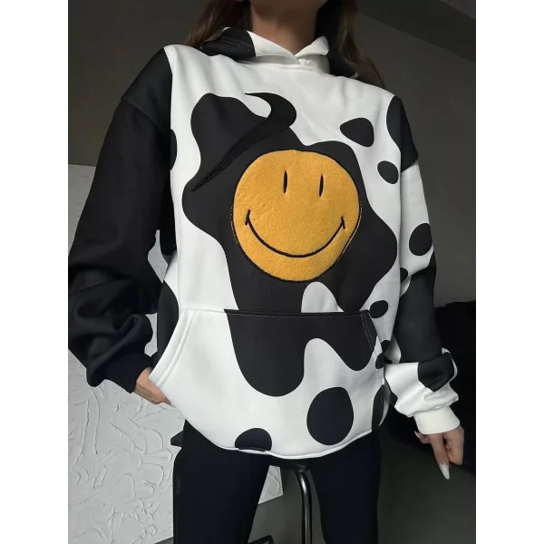 Kadın Smiley Face Kapüşonlu Sweatshirt - Siyah