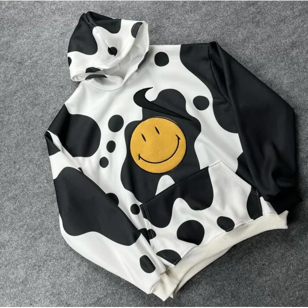 Kadın Smiley Face Kapüşonlu Sweatshirt - Siyah