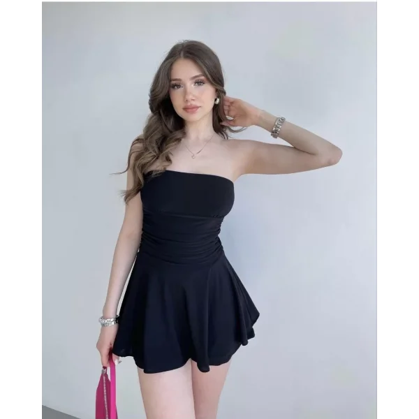 Kadın Straplez Sandy Kumaş Şortlu Prenses Etek Mini Klos Elbise- Siyah