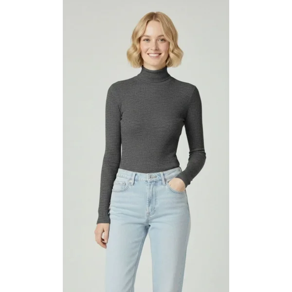 Kadın Tam Boğazlı Fitilli Likrali Kaşkorse Badi İnce Uzun Kollu Kazak - Antrasit