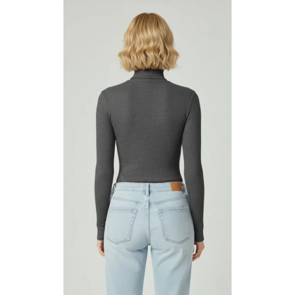 Kadın Tam Boğazlı Fitilli Likrali Kaşkorse Badi İnce Uzun Kollu Kazak - Antrasit