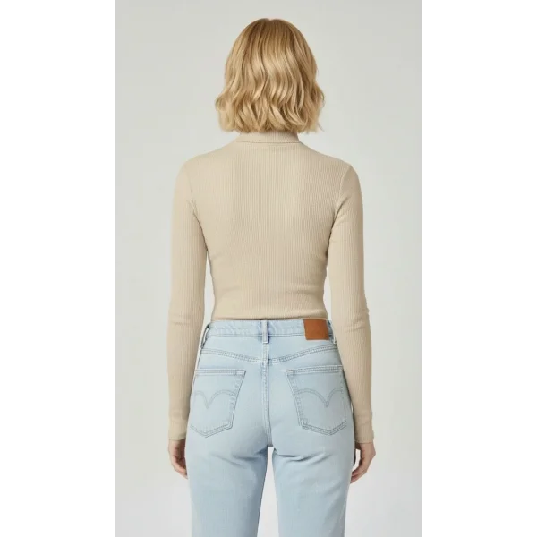 Kadın Tam Boğazlı Fitilli Likrali Kaşkorse Badi İnce Uzun Kollu Kazak - Bej